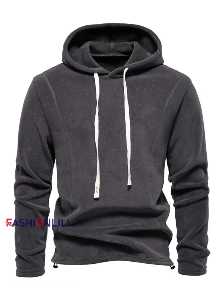Men’s Casual Solid Color Polar Fleece Hoodie Dark Gray / S