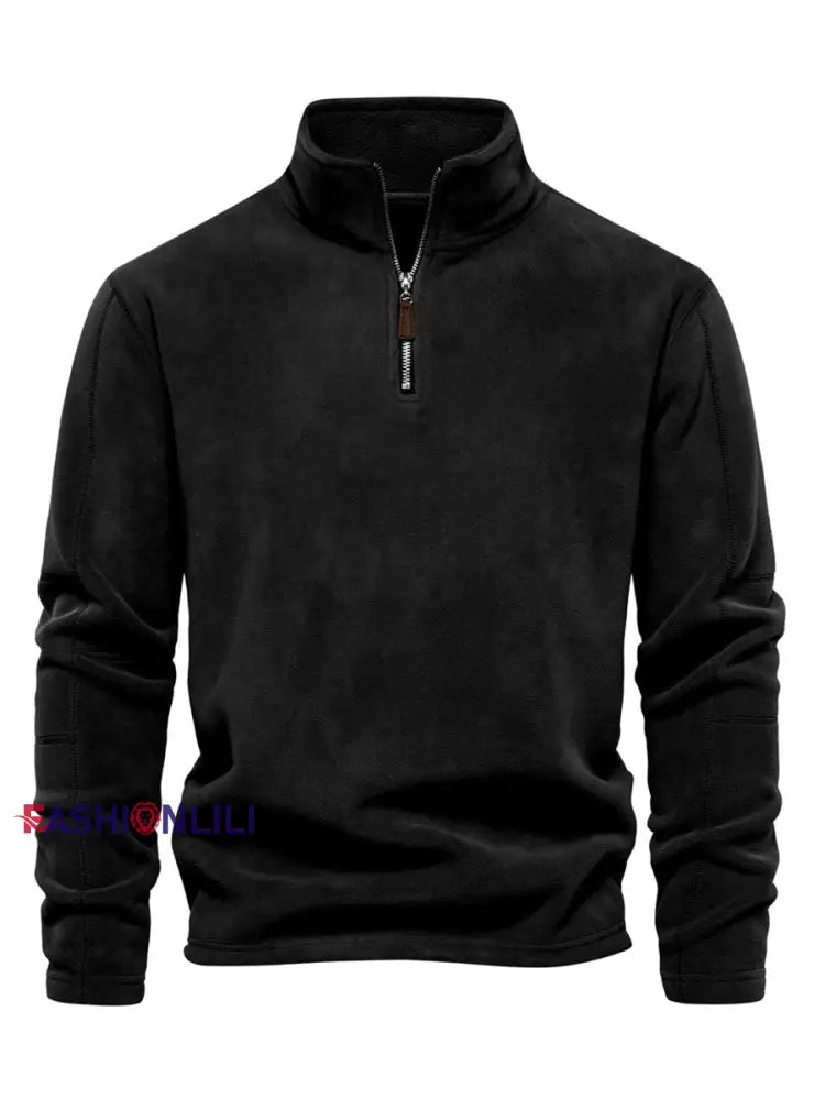 Men’s Casual Solid Color Polar Fleece Zipper Pullover Black / S