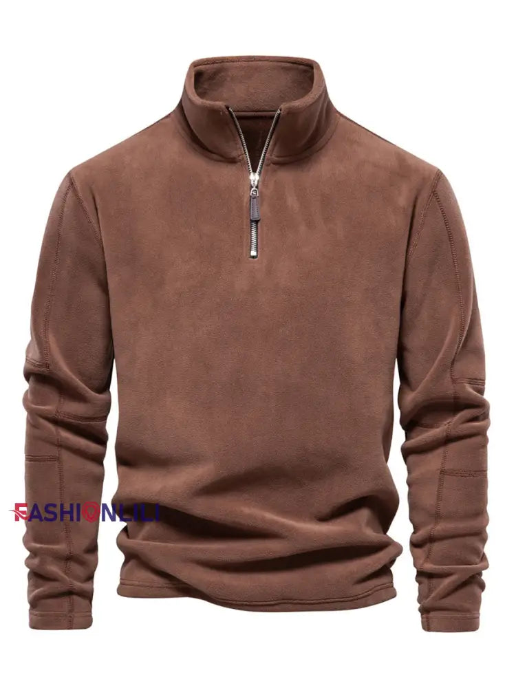 Men’s Casual Solid Color Polar Fleece Zipper Pullover Brown / S