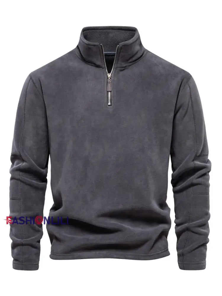 Men’s Casual Solid Color Polar Fleece Zipper Pullover Dark Gray / S