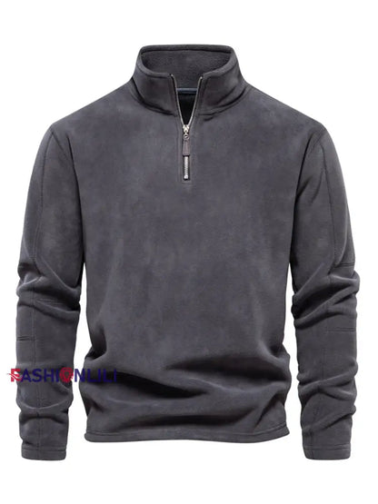 Men’s Casual Solid Color Polar Fleece Zipper Pullover Dark Gray / S