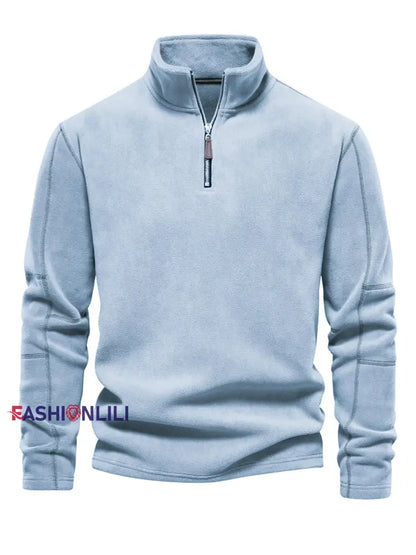 Men’s Casual Solid Color Polar Fleece Zipper Pullover Light Blue / S