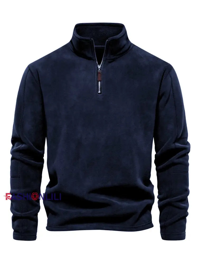Men’s Casual Solid Color Polar Fleece Zipper Pullover Navy Blue / S