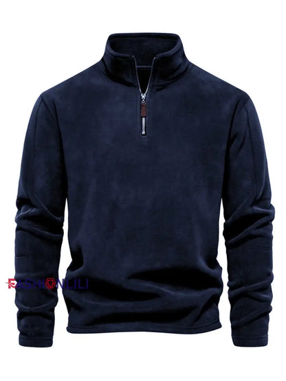 Men’s Casual Solid Color Polar Fleece Zipper Pullover Navy Blue / S