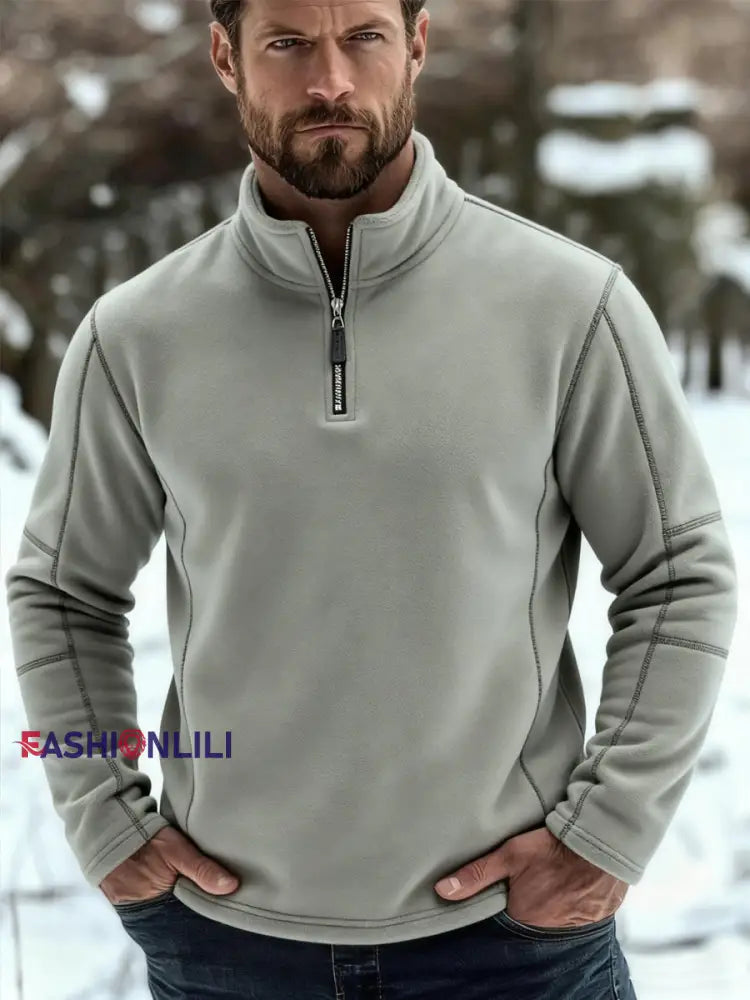 Men’s Casual Solid Color Polar Fleece Zipper Pullover Olive Green / S