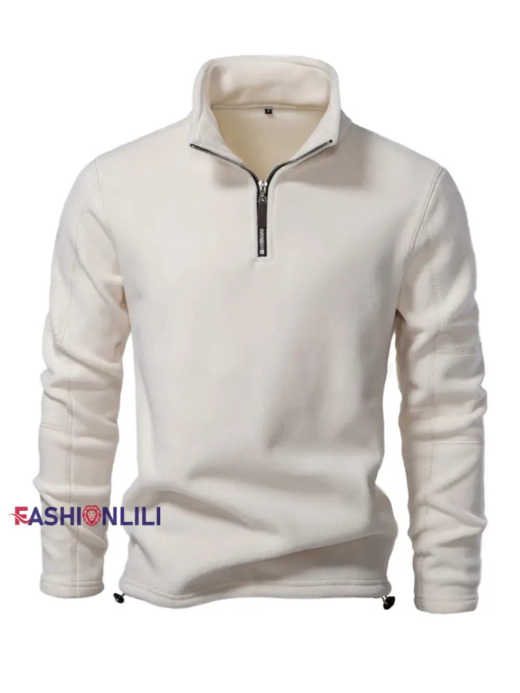 Men’s Casual Solid Color Polar Fleece Zipper Pullover White / S