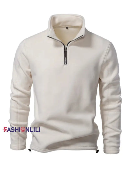 Men’s Casual Solid Color Polar Fleece Zipper Pullover White / S