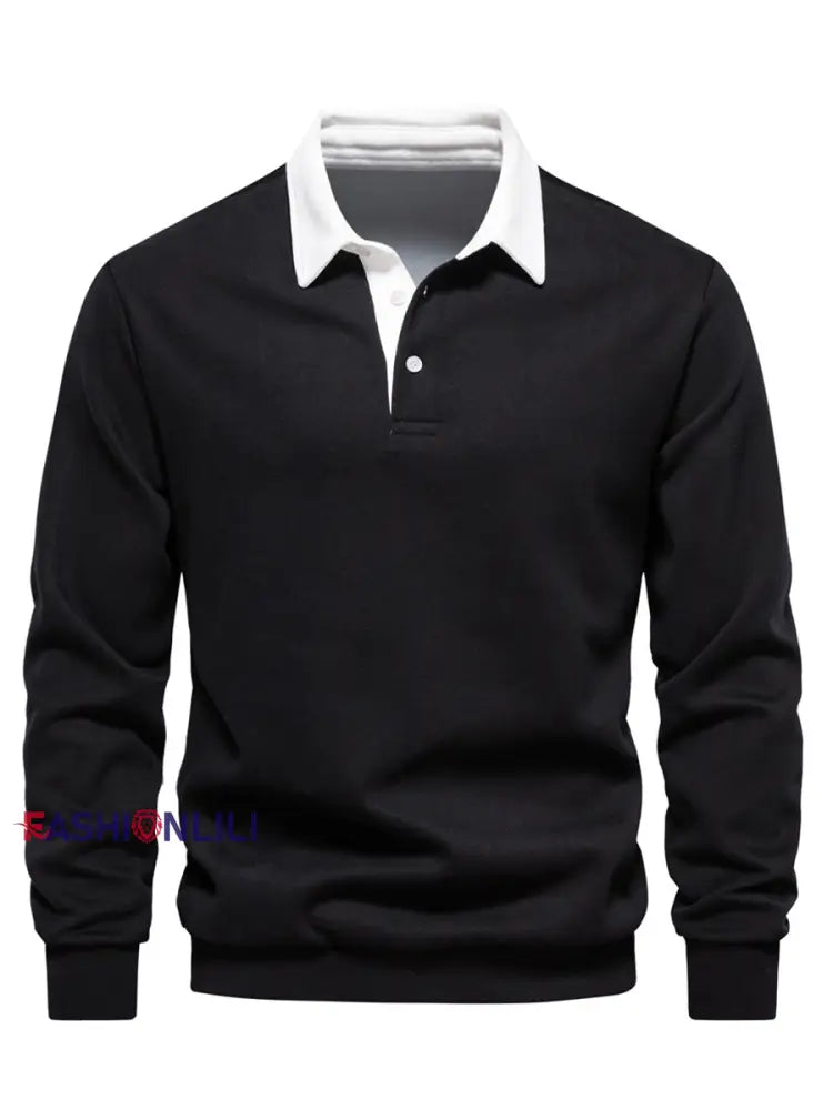 Men’s Casual Solid Color Polo Neck Pullover Black / S