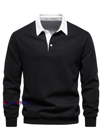 Men’s Casual Solid Color Polo Neck Pullover Black / S