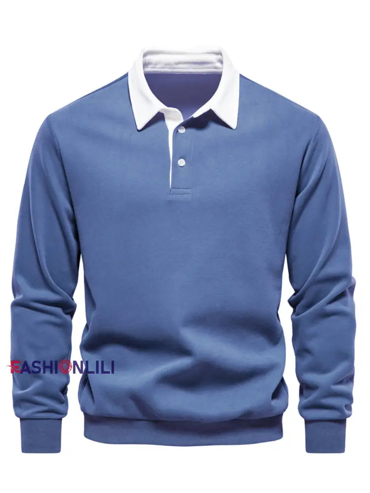 Men’s Casual Solid Color Polo Neck Pullover Blue / S