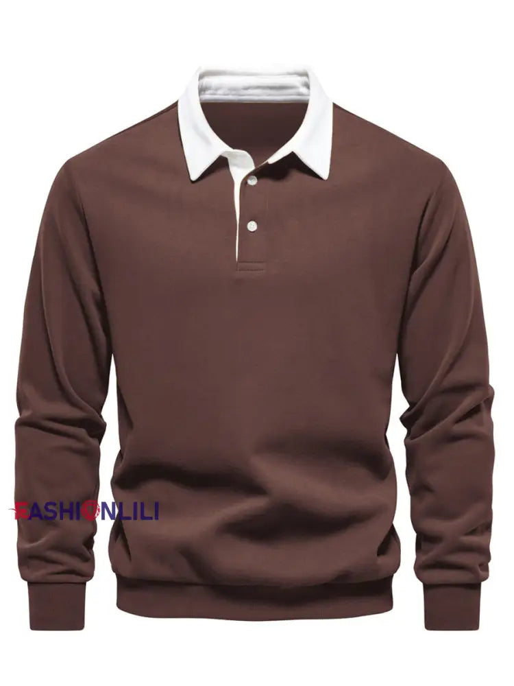 Men’s Casual Solid Color Polo Neck Pullover Brown / S