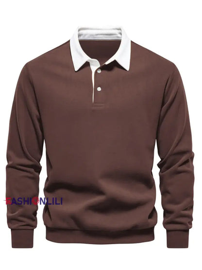 Men’s Casual Solid Color Polo Neck Pullover Brown / S