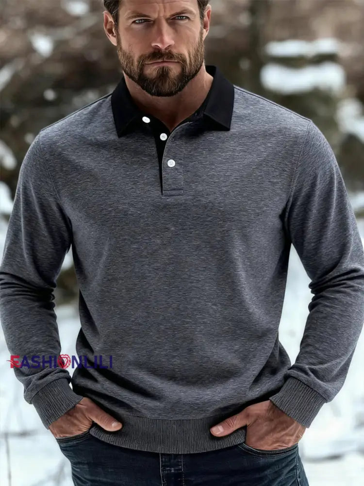 Men’s Casual Solid Color Polo Neck Pullover Dark Gray / S