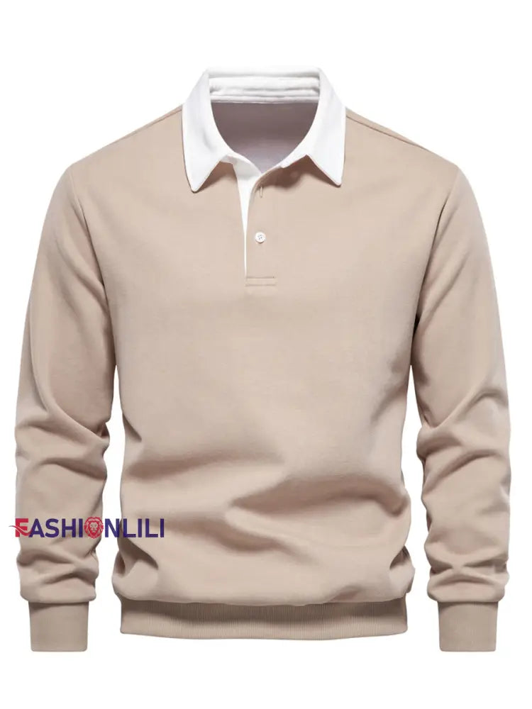 Men’s Casual Solid Color Polo Neck Pullover Khaki / S