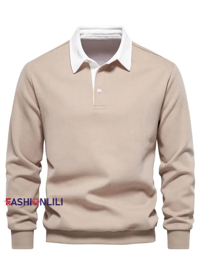 Men’s Casual Solid Color Polo Neck Pullover Khaki / S