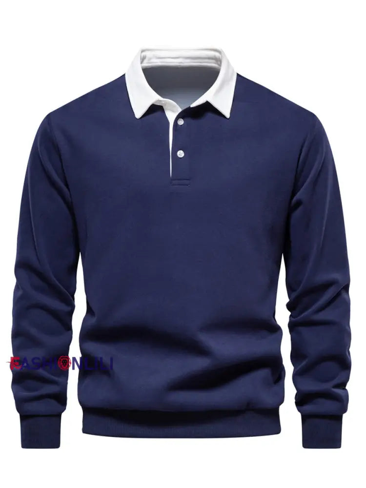 Men’s Casual Solid Color Polo Neck Pullover Navy Blue / S