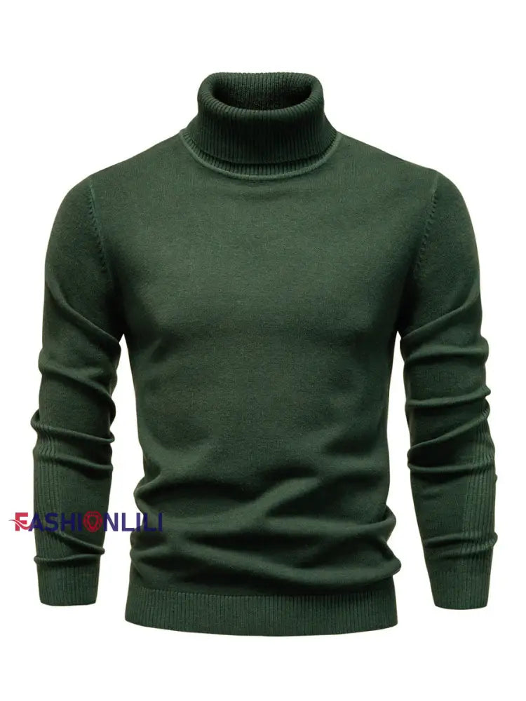Men’s Casual Solid Color Turtleneck Knitted Sweater Army Green / S