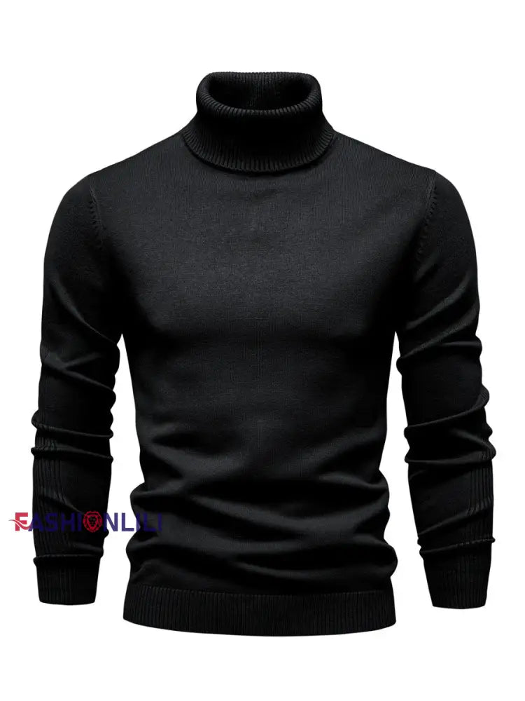 Men’s Casual Solid Color Turtleneck Knitted Sweater Black / S
