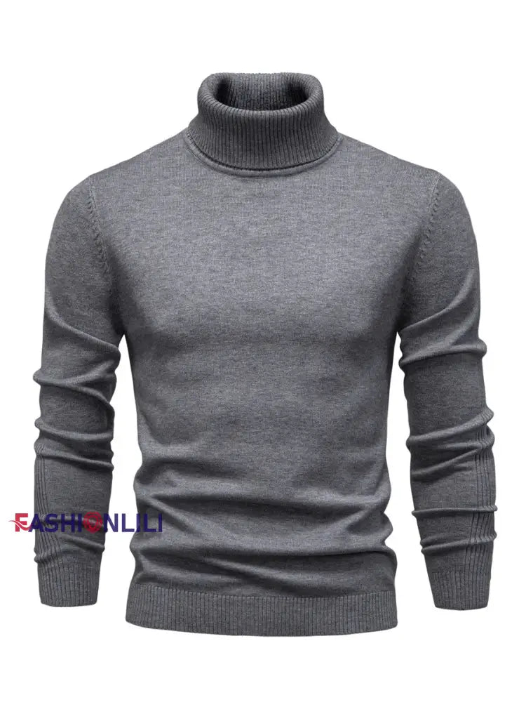 Men’s Casual Solid Color Turtleneck Knitted Sweater Dark Gray / S