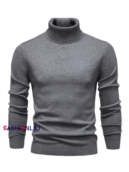 Men’s Casual Solid Color Turtleneck Knitted Sweater Dark Gray / S