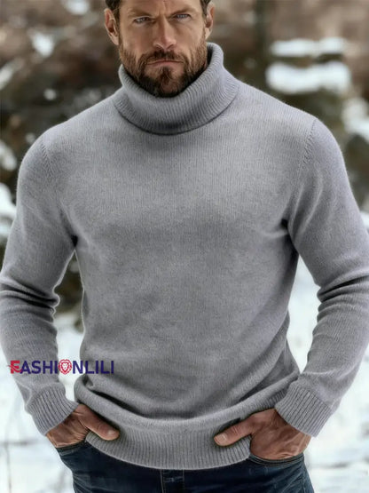 Men’s Casual Solid Color Turtleneck Knitted Sweater Gray / S