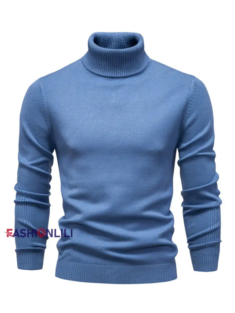 Men’s Casual Solid Color Turtleneck Knitted Sweater Haze blue / S