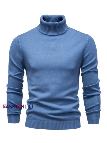 Men’s Casual Solid Color Turtleneck Knitted Sweater Haze blue / S
