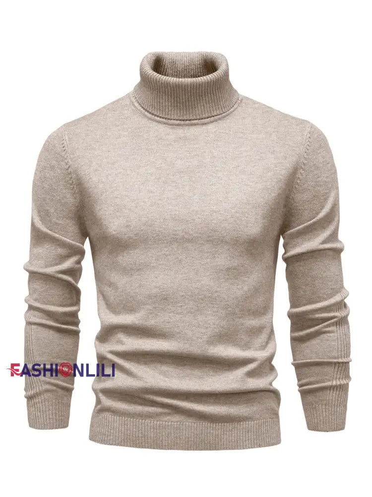 Men’s Casual Solid Color Turtleneck Knitted Sweater Khaki / S