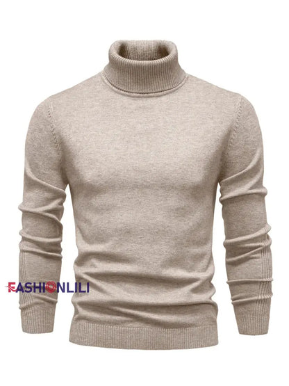 Men’s Casual Solid Color Turtleneck Knitted Sweater Khaki / S