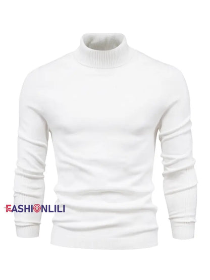 Men’s Casual Solid Color Turtleneck Knitted Sweater White / S