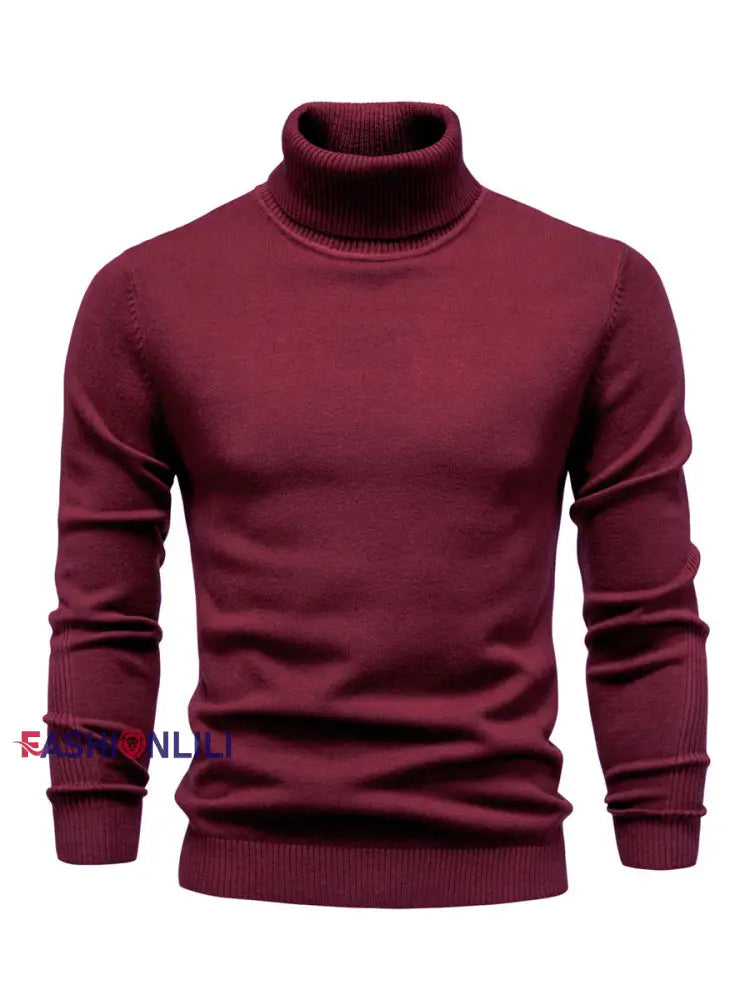Men’s Casual Solid Color Turtleneck Knitted Sweater Wine Red / S