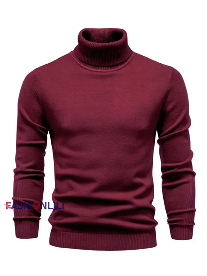 Men’s Casual Solid Color Turtleneck Knitted Sweater Wine Red / S