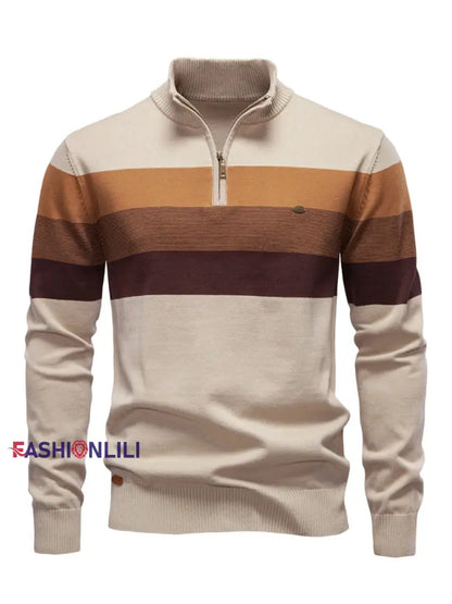 Men’s Casual Striped Half-Zip Knit Pullover Apricot / S