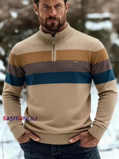 Men’s Casual Striped Half-Zip Knit Pullover Khaki / S