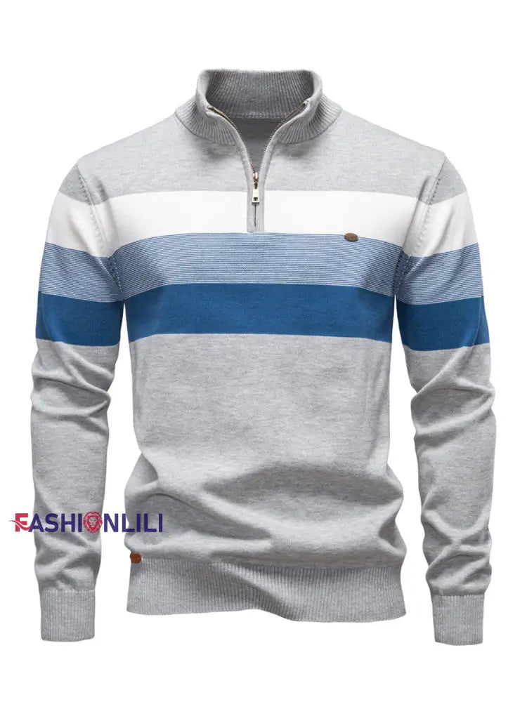 Men’s Casual Striped Half-Zip Knit Pullover Light Gray / S