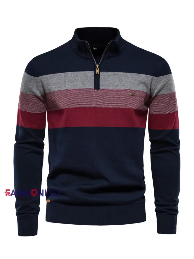 Men’s Casual Striped Half-Zip Knit Pullover Navy Blue / S