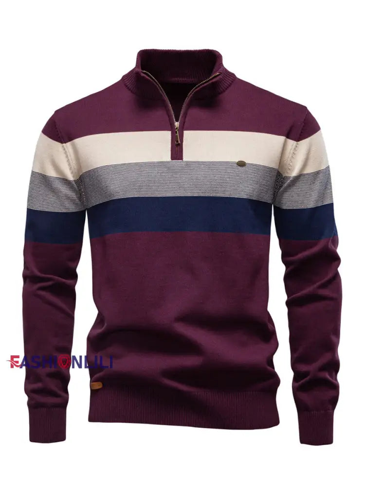 Men’s Casual Striped Half-Zip Knit Pullover Wine Red / S