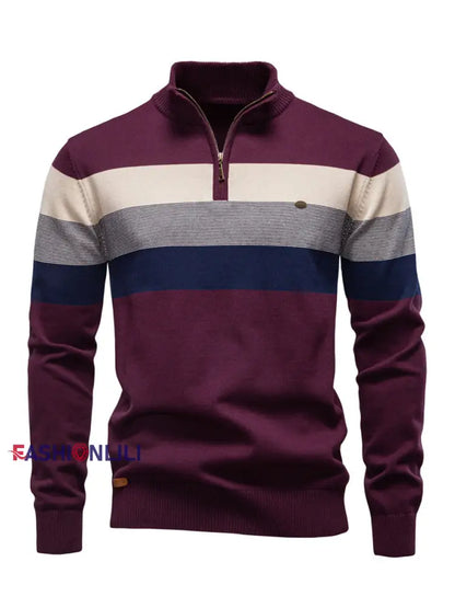 Men’s Casual Striped Half-Zip Knit Pullover Wine Red / S