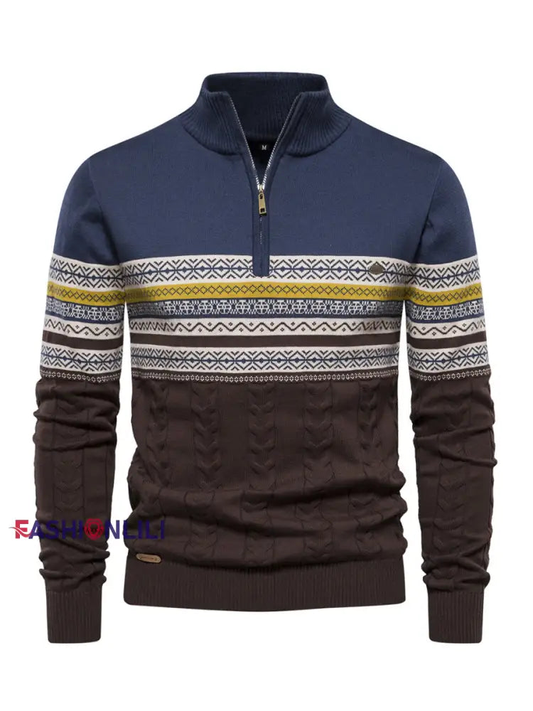 Men’s Casual Striped Knit Half-Zip Pullover Blue / S
