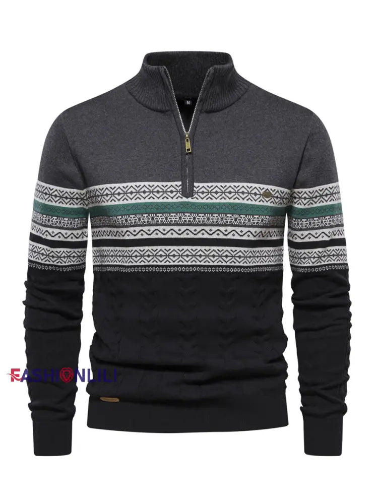 Men’s Casual Striped Knit Half-Zip Pullover Dark Gray / S