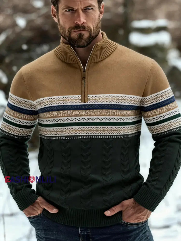 Men’s Casual Striped Knit Half-Zip Pullover Khaki / S