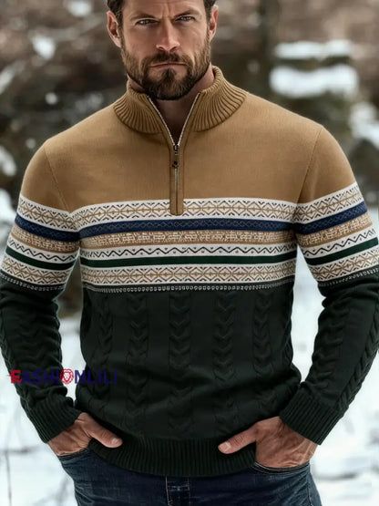 Men’s Casual Striped Knit Half-Zip Pullover Khaki / S