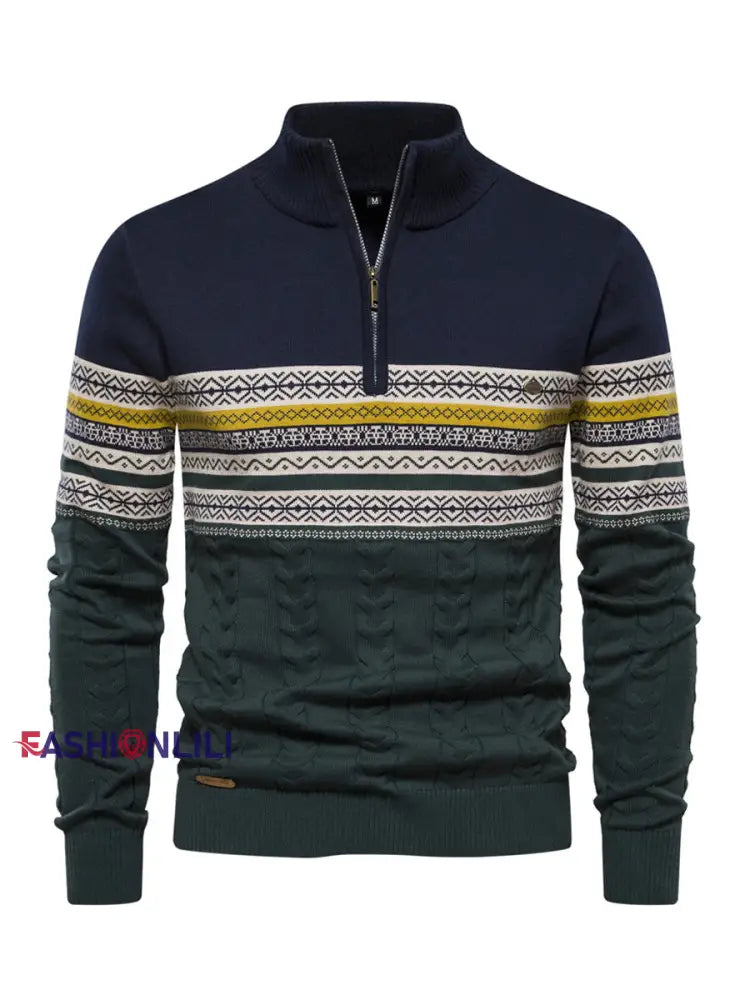 Men’s Casual Striped Knit Half-Zip Pullover Navy Blue / S