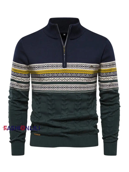 Men’s Casual Striped Knit Half-Zip Pullover Navy Blue / S