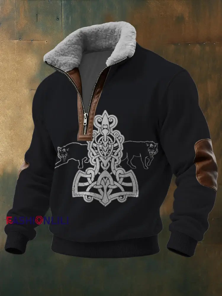 Men’s Celtic Knot & Wolf Print Sherpa - Lined Zip Sweatshirt Multicolour / S