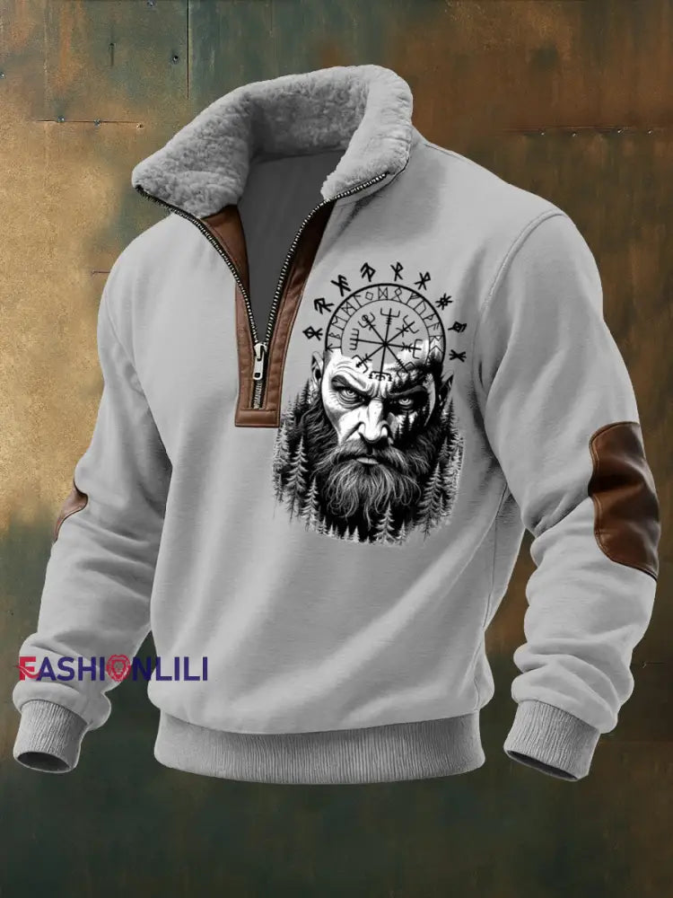 Men’s Celtic Knot & Wolf Print Sherpa - Lined Zip Sweatshirt Multicolour / S