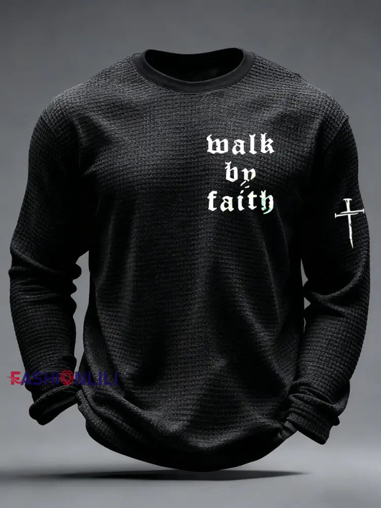 Men’s Christian Walk By Faith Cross Print Waffle Long Sleeve T-Shirt
