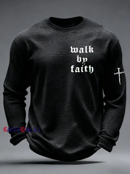 Men’s Christian Walk By Faith Cross Print Waffle Long Sleeve T-Shirt