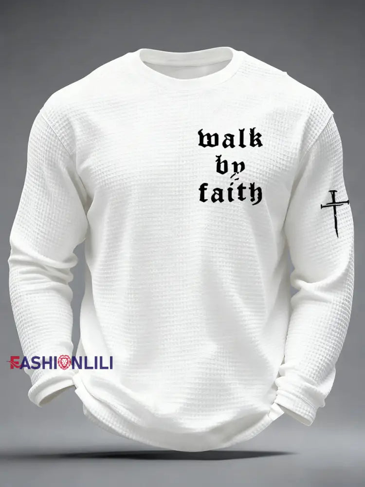 Men’s Christian Walk By Faith Cross Print Waffle Long Sleeve T-Shirt