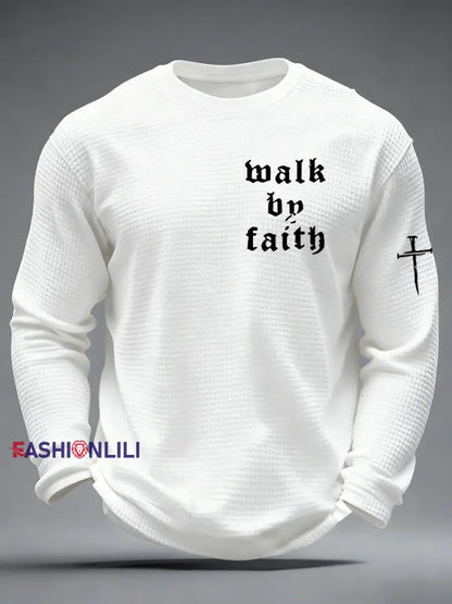 Men’s Christian Walk By Faith Cross Print Waffle Long Sleeve T-Shirt